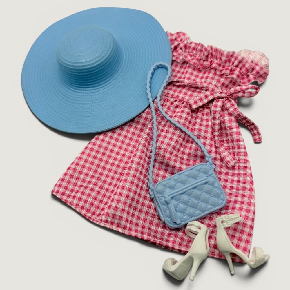 Barbie Pink Gingham Dress White Heels Blue Hat Purse Doll Clothes Outfit Set OS